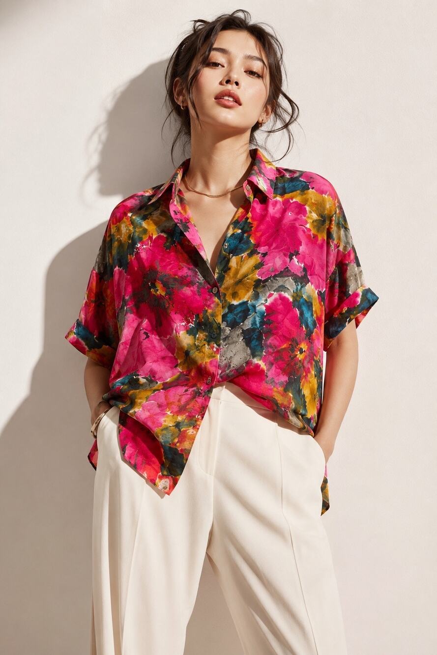 Vtg 90s Express 100% Silk Watercolor Floral Oversized Button Shirt M Dopamine